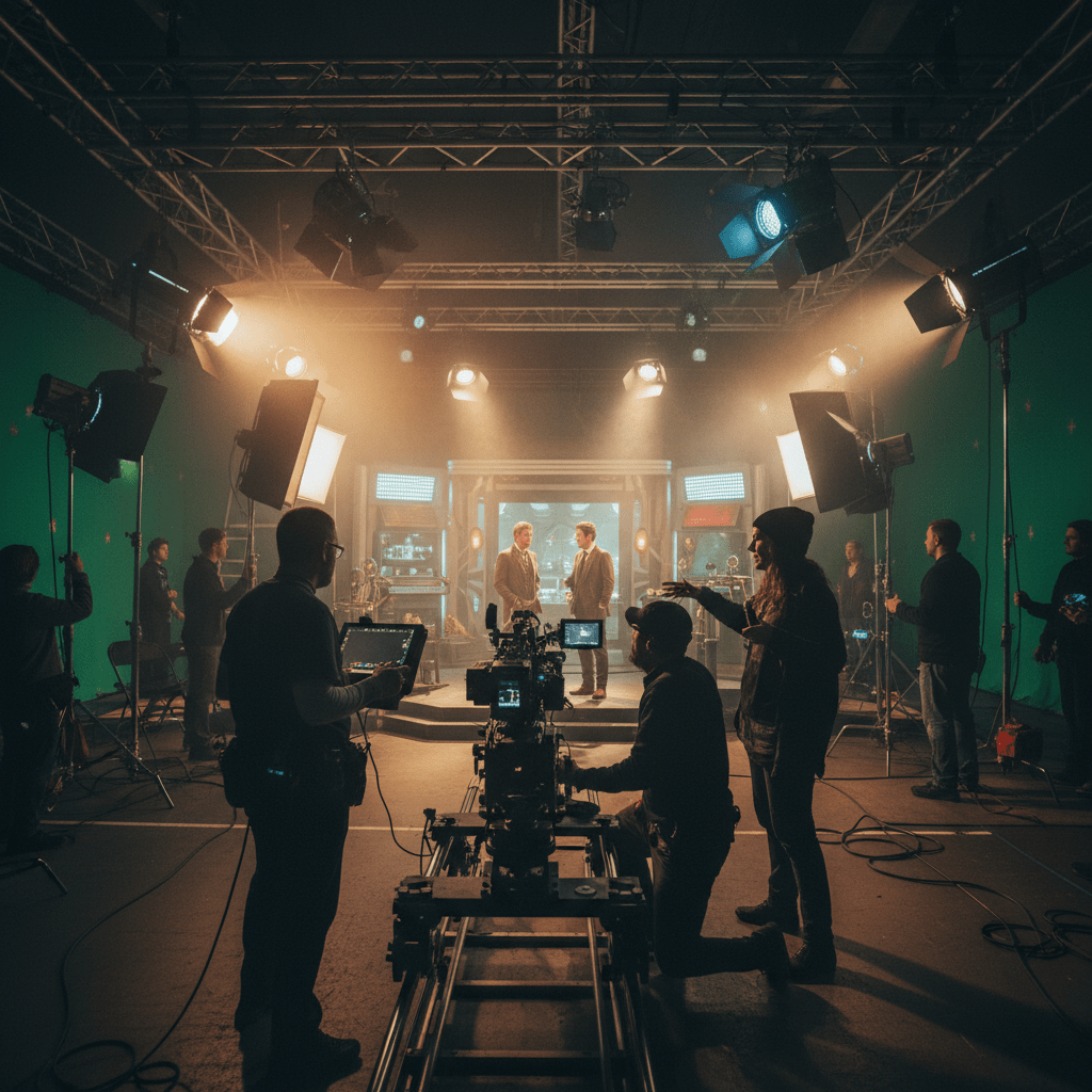 A cinematic behind-the-scenes shot of a professional video production set. Camera crew, film lighting rigs, director and actors. Dark, moody atmosphere with dramatic lighting. High-end commercial production feel.